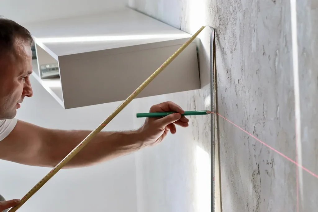 Un homme qui prend des mesures pour les installations électriques dans une salle de bain