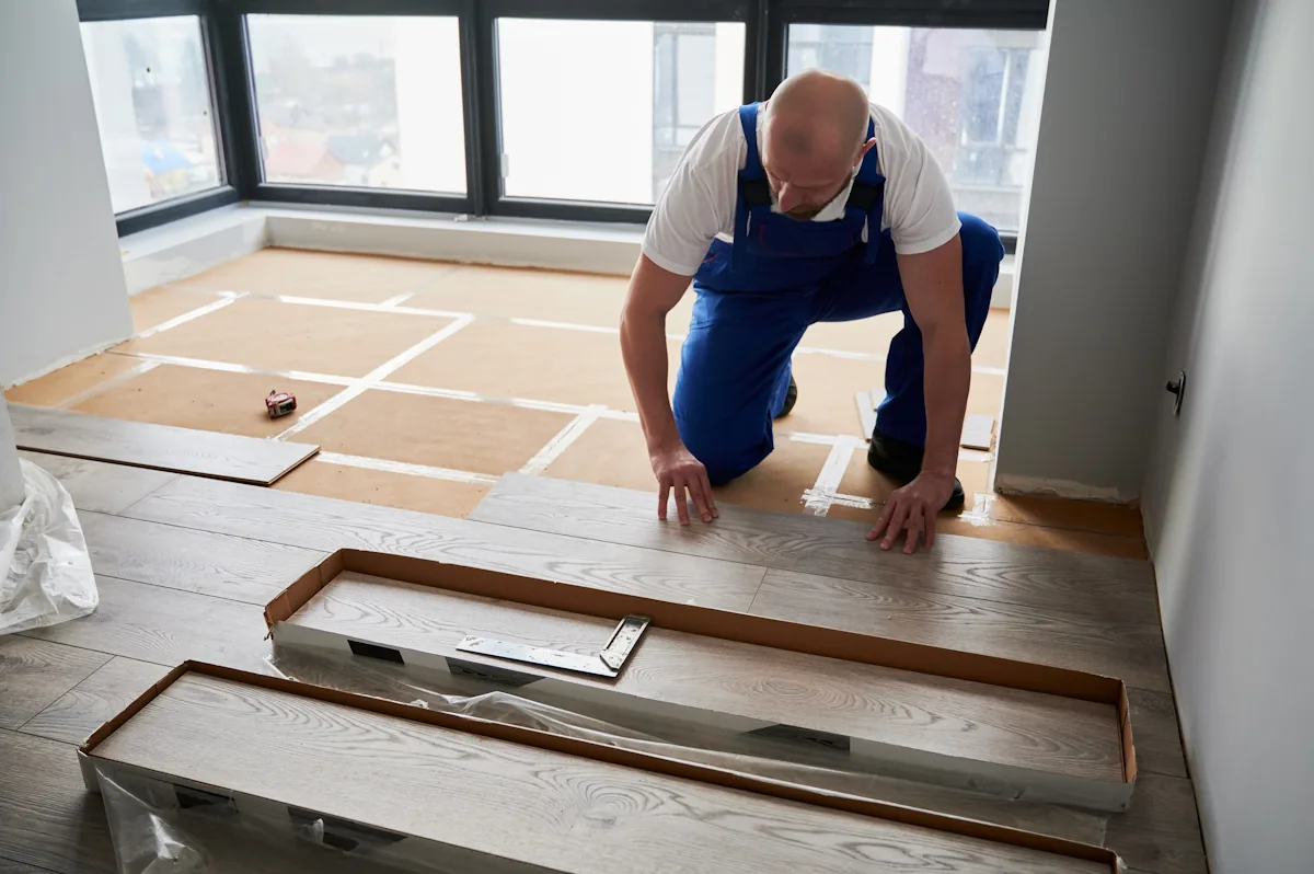 Un homme qui pose parquet avec des lames parallèlement au mur