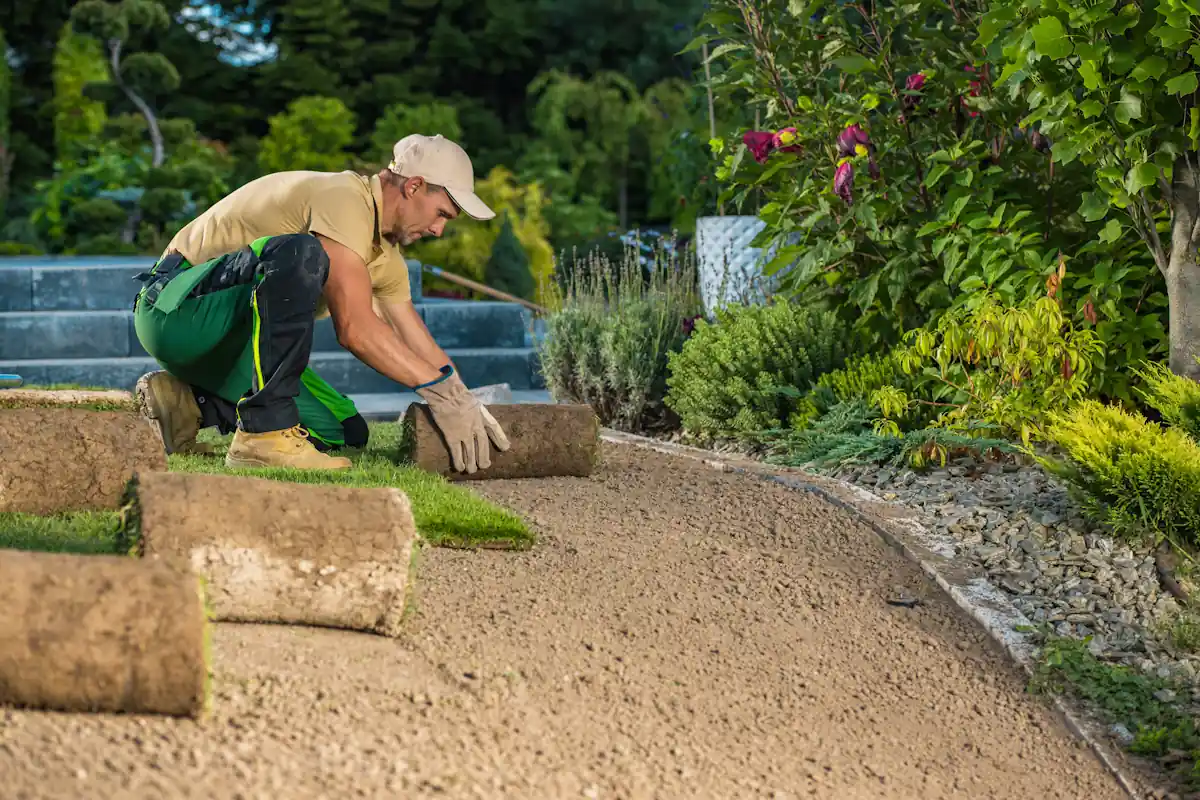 Un homme qui installe une pelouse sur du sable