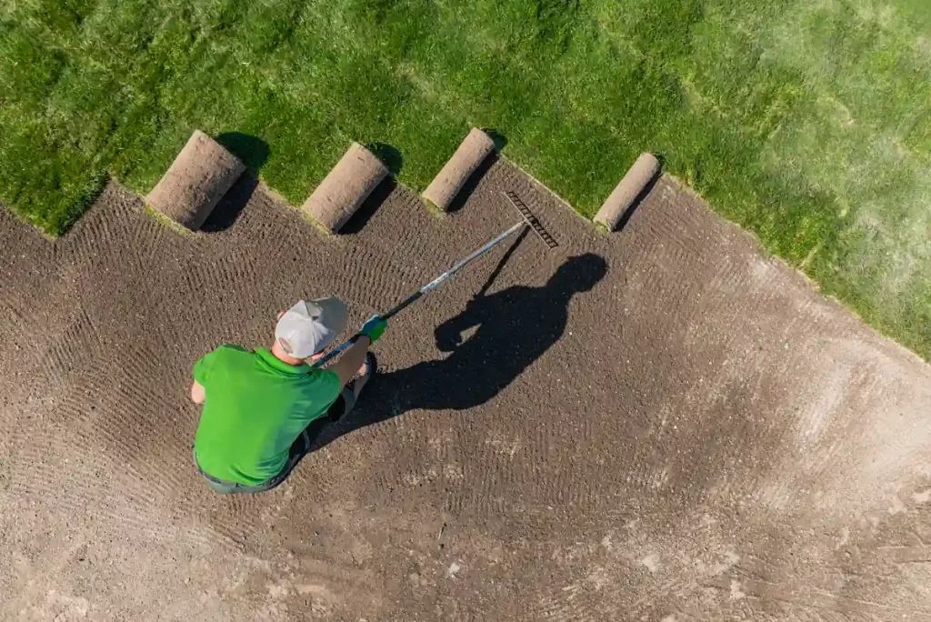 Un homme qui installe une pelouse sur du terreau